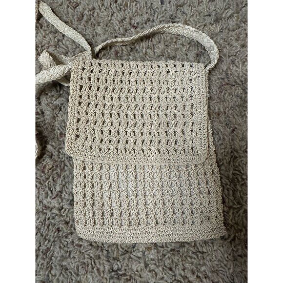 Beige Crochet Crossbody Bag 100% Rayon Lightweight Small Purse Flap Closure - Picture 2 of 7